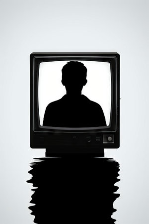 Man is silhouetted on television screen with water reflecting on it. Generative AI.の素材