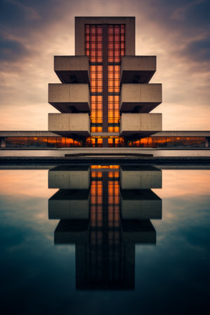 Building with reflection of it in the water at sunset. Generative AI.の素材