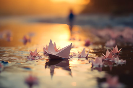 Paper boat floating on top of lake next to person. Generative AI.の素材