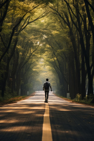Man walking down road surrounded by trees and leaves. Generative AI.の素材