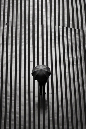 Person walking down street holding umbrella over their head. Generative AI.の素材