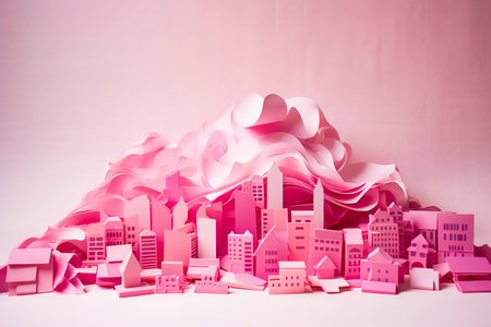 Pink city with clouds in the sky and buildings. Generative AI.の素材