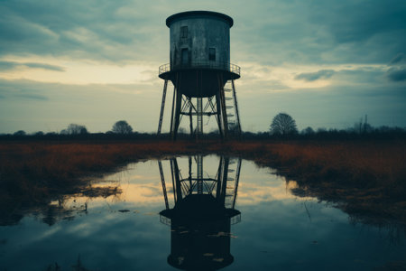 Water tower with reflection of it in the water. Generative AI.の素材