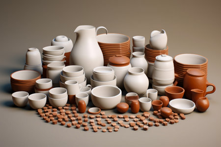 Pile of white and brown dishes and cups and bowls. Generative AI.の素材