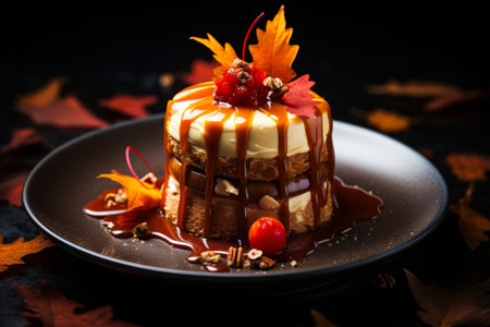 Dessert with chocolate sauce and maple leaf decoration. Generative AI.の素材