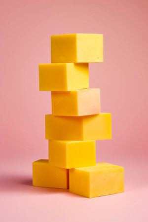 Stack of yellow blocks of cheese on pink background. Generative AI.の素材
