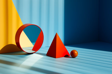 Pair of oranges and blue background with geometric design. Generative AI.の素材