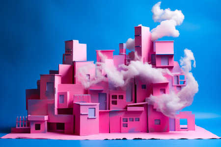 Pink city with lot of smoke coming out of it. Generative AI.の素材
