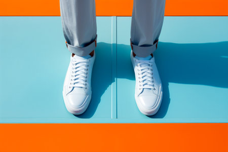Person standing on blue and orange surface with their feet up. Generative AI.の素材