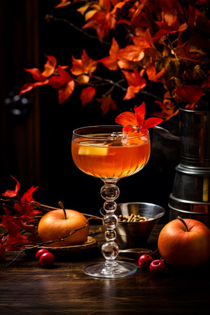 Glass of wine with flower in it and some apples. Generative AI.の素材