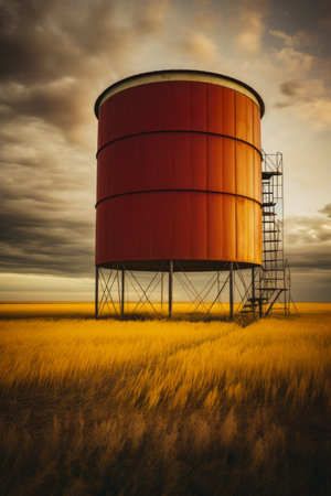 Large red water tower sitting in field of tall grass. Generative AI.の素材
