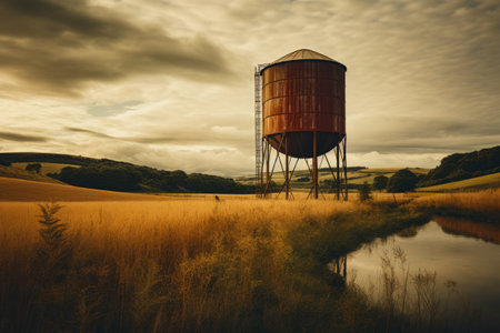 Water tower in field with body of water. Generative AI.の素材