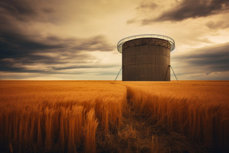 Large grain field with large water tower in the background. Generative AI.の素材