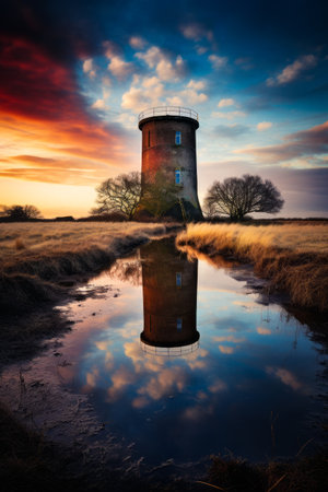 Water tower with reflection of it in the water. Generative AI.の素材