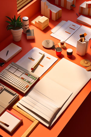 Desk with notebook, pen, and calculator. Generative AI.の素材