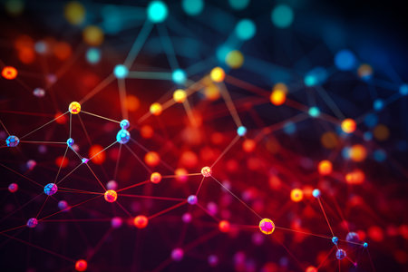Colorful background with network of dots and lines in the center. Generative AI.の素材