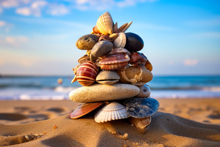 Stack of seashells on sandy beach with blue sky in the background. Generative AI.の素材