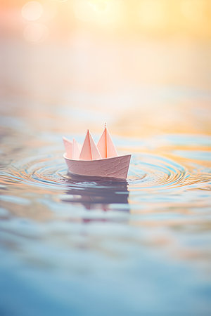 Paper boat floating on top of lake with ripples. Generative AI.の素材