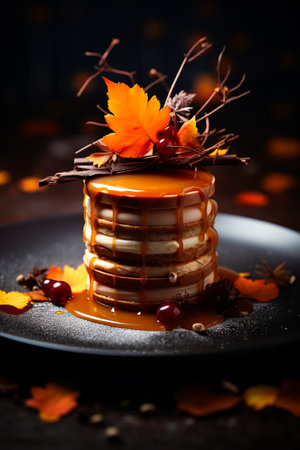 Stack of pancakes with syrup and leaves on plate. Generative AI.の素材