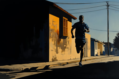 Man running down street next to building and street light. Generative AI.の素材