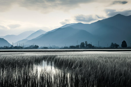 Lake with mountains in the background and few clouds. Generative AI.の素材