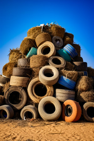 Pile of hay and other items on table top. Generative AI.の素材