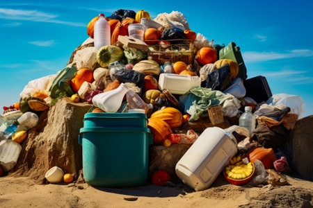 Pile of garbage sitting on top of sandy beach. Generative AI.の素材