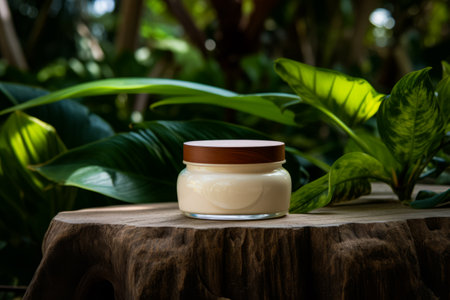 Jar of cream sitting on tree stump in front of plant. Generative AI.の素材