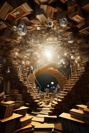 Staircase made of books with lights coming from it and person standing on the stairs. Generative AI.の素材