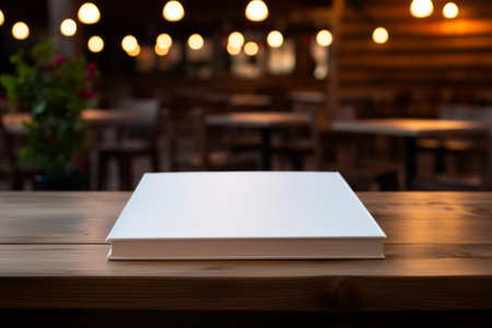 White book sitting on top of wooden table in restaurant. Generative AI.の素材