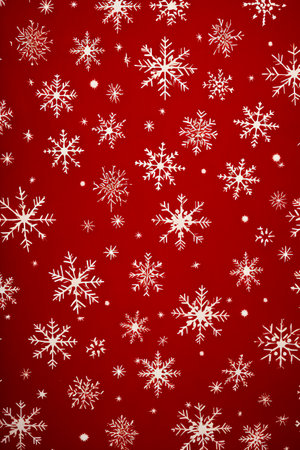 Red background with white snowflakes on it's sides. Generative AI.の素材