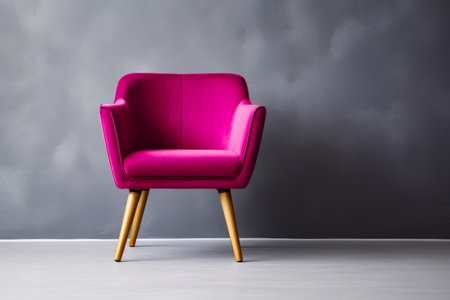 Pink chair sitting in front of gray wall with clouds. Generative AI.の素材