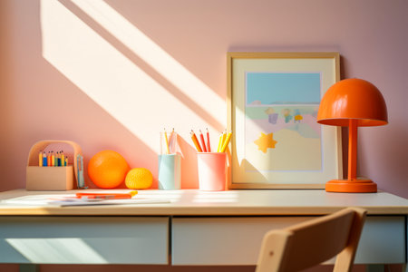Desk with lamp, oranges, and picture. Generative AI.の素材