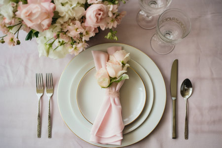 Table set with pink napkin and flowers and silverware. Generative AI.の素材