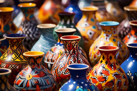 Bunch of colorful vases are lined up together in row. Generative AI.の素材
