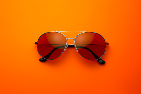 Pair of sunglasses on orange background with reflection of the sun. Generative AI.の素材