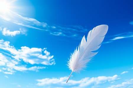 White feather floating in the air on sunny day. Generative AI.の素材