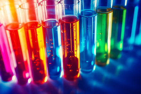 Row of test tubes filled with liquid and colored liquids. Generative AI.の素材