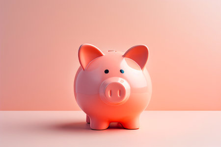 Pink piggy bank sitting on table with pink background. Generative AI.の素材