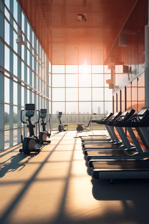 Row of exercise machines in gym with view of the city. Generative AI.の素材
