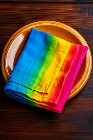 Plate with rainbow napkin on it and wooden table. Generative AI.の素材