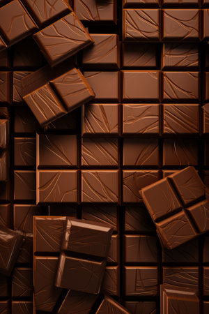 Chocolate background with chocolate squares and chocolate bars on top. Generative AI.の素材