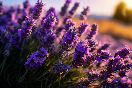 Bunch of lavender flowers in field of lavenders. Generative AI.の素材