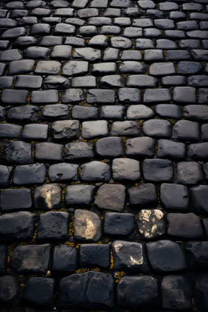 Cobblestone street with yellow line on the side. Generative AI.の素材