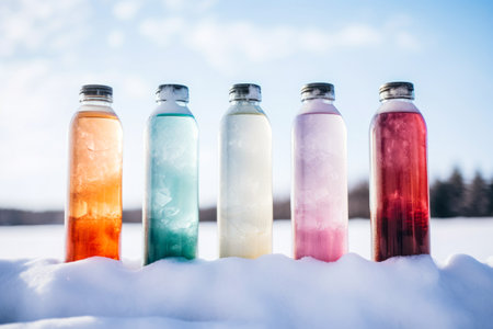 Row of water bottles sitting on top of snow covered ground. Generative AI.の素材