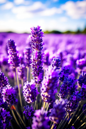 Field of lavender flowers with sky background. Generative AI.の素材