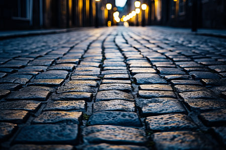 Cobblestone street with street light in the background. Generative AI.の素材