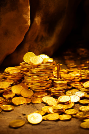 Pile of gold coins sitting on top of table. Generative AI.の素材