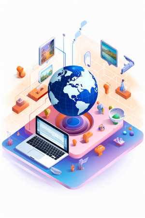 Laptop computer sitting on top of table next to globe. Generative AI.の素材