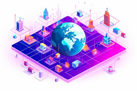 Globe with buildings and other objects surrounding it on purple background. Generative AI.の素材